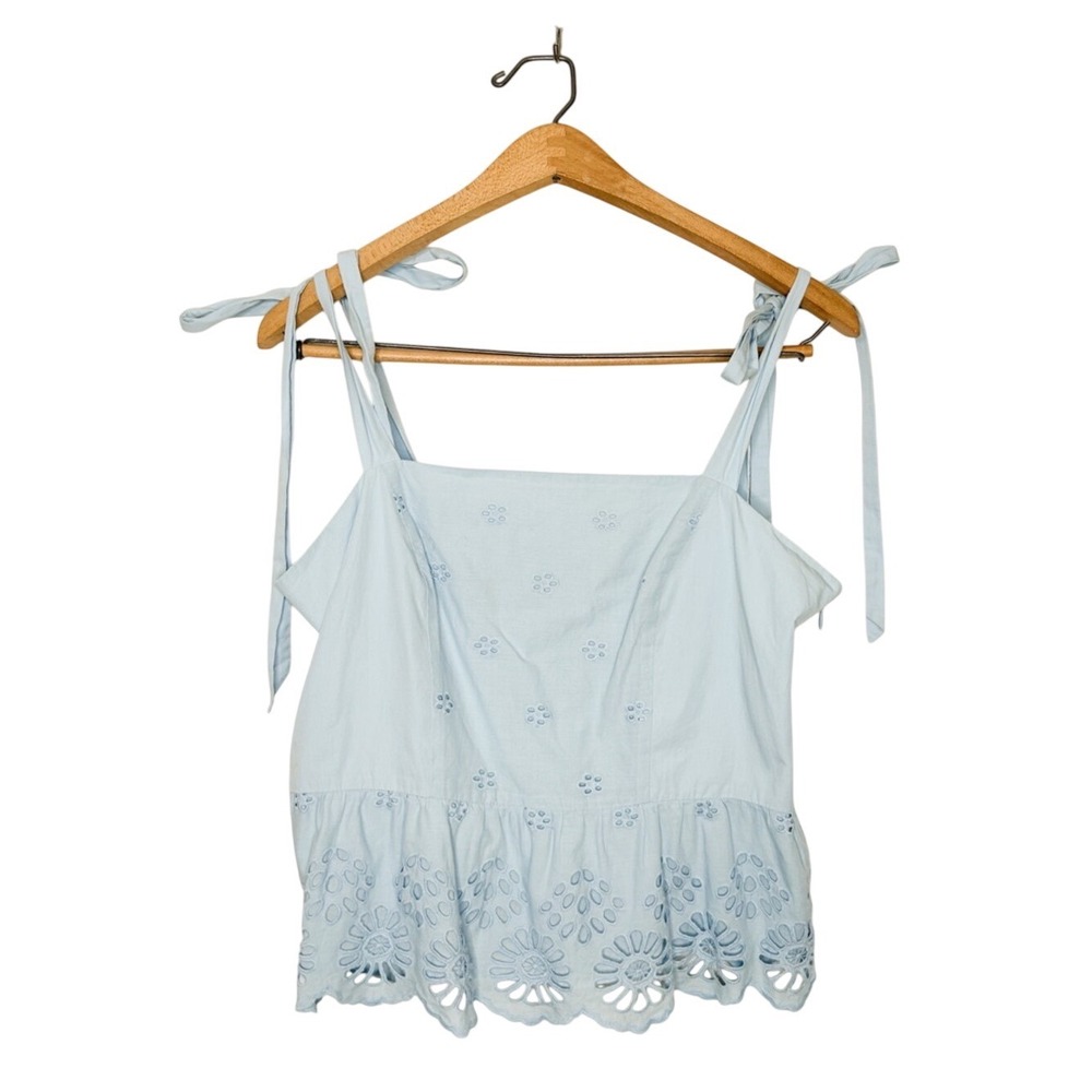 Rebecca Minkoff Floral Eyelet Tie Straps Cotton Sleeveless Top Blue Large L